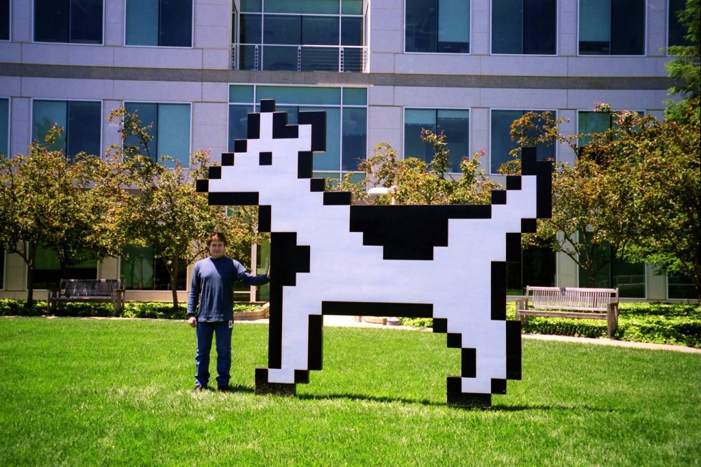 Clarus the Dogcow cutout on the Apple campus lawn